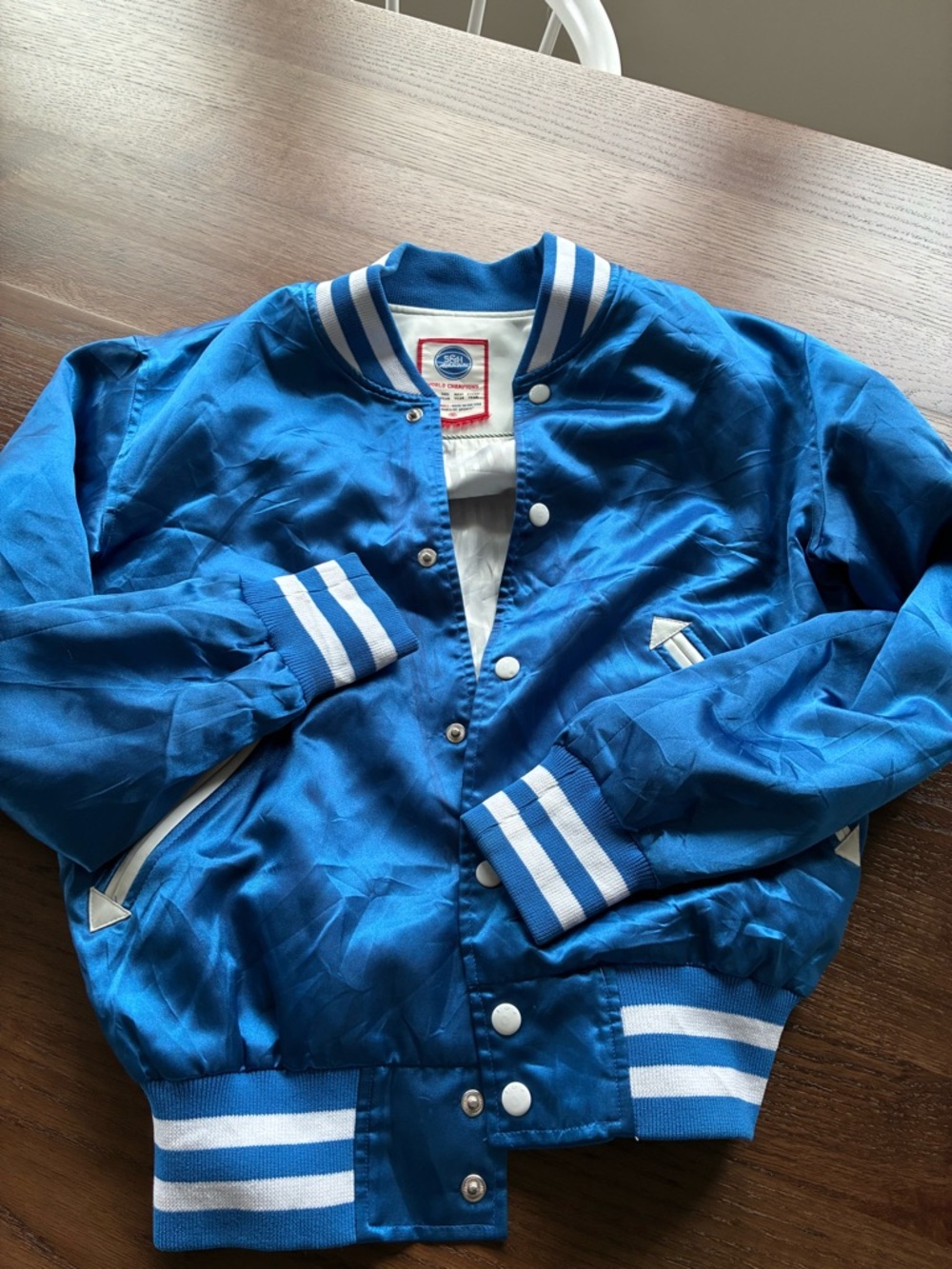 Blue Satin Varsity Bomber Jacket with White Stripes